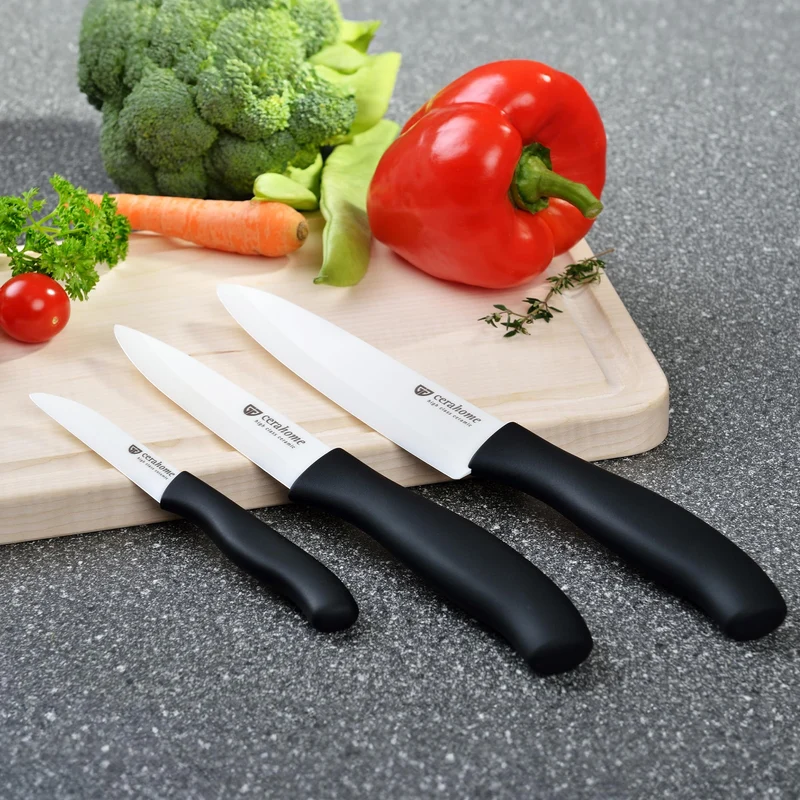 GRÄWE Keramikmesser Set, Scharf, 3er Pack Messerset, Küchenmesser, Gemüsemesser und Kochmesser aus Keramik - Serie Cerahome