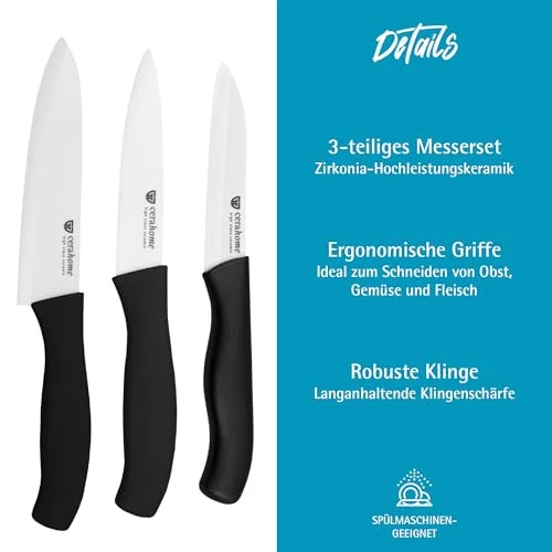 GRÄWE Keramikmesser Set, Scharf, 3er Pack Messerset, Küchenmesser, Gemüsemesser und Kochmesser aus Keramik - Serie Cerahome