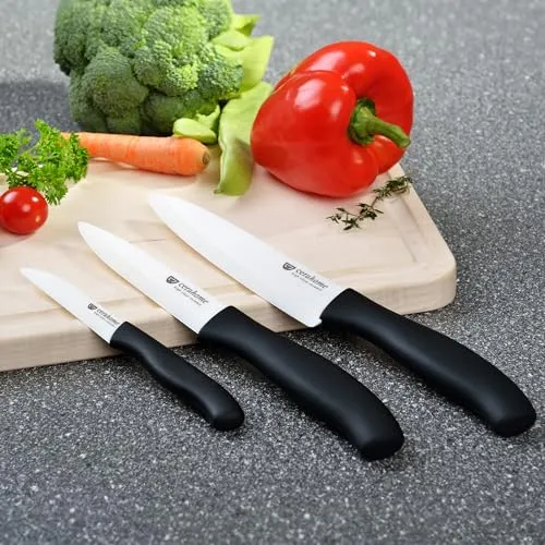 GRÄWE Keramikmesser Set, Scharf, 3er Pack Messerset, Küchenmesser, Gemüsemesser und Kochmesser aus Keramik - Serie Cerahome