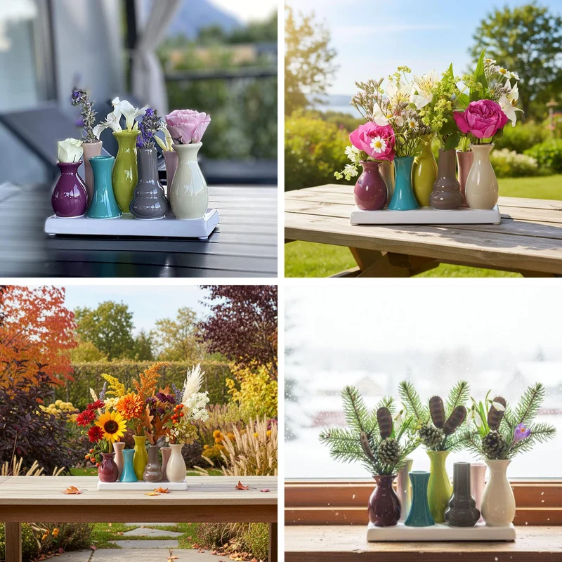 Mini Blumenvasen Set 7er aus Keramik auf Sockel – Kleine Keramikvasen bunt für einzelne Blumen – Modernes Deko Vasenset für Tischdeko, Wohnzimmer, Fensterbank & Esstisch