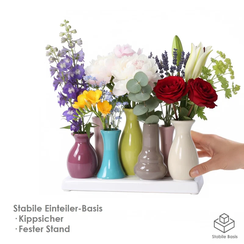 Mini Blumenvasen Set 7er aus Keramik auf Sockel – Kleine Keramikvasen bunt für einzelne Blumen – Modernes Deko Vasenset für Tischdeko, Wohnzimmer, Fensterbank & Esstisch