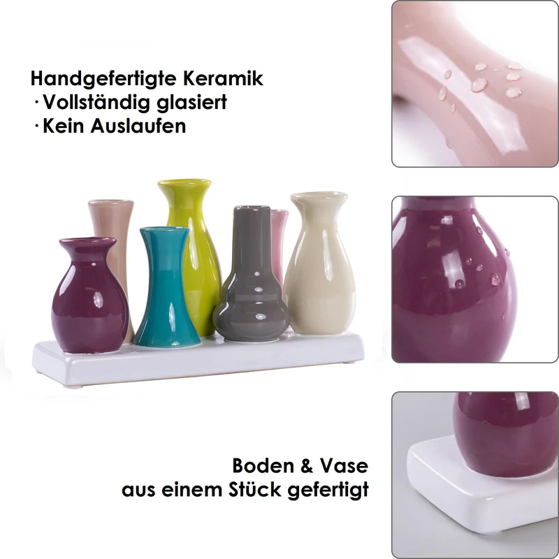 Mini Blumenvasen Set 7er aus Keramik auf Sockel – Kleine Keramikvasen bunt für einzelne Blumen – Modernes Deko Vasenset für Tischdeko, Wohnzimmer, Fensterbank & Esstisch