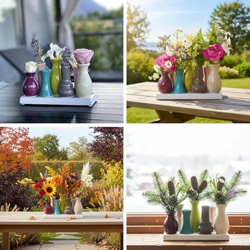 Mini Blumenvasen Set 7er aus Keramik auf Sockel – Kleine Keramikvasen bunt für einzelne Blumen – Modernes Deko Vasenset für Tischdeko, Wohnzimmer, Fensterbank & Esstisch