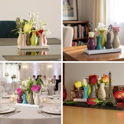 Mini Blumenvasen Set 7er aus Keramik auf Sockel – Kleine Keramikvasen bunt für einzelne Blumen – Modernes Deko Vasenset für Tischdeko, Wohnzimmer, Fensterbank & Esstisch