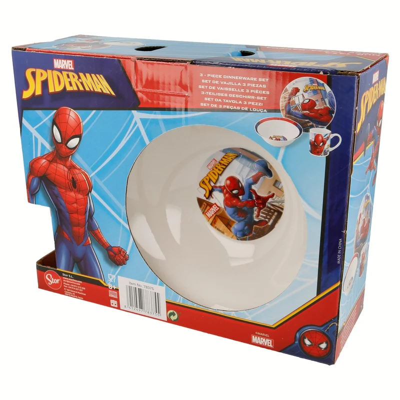 STOR Kinder Geschirrset Spider-Man - Keramik Teller, Schüssel und Tasse - Komplettes Essgeschirr in Geschenkbox für Kinder
