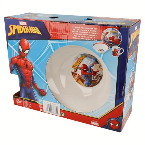 STOR Kinder Geschirrset Spider-Man - Keramik Teller, Schüssel und Tasse - Komplettes Essgeschirr in Geschenkbox für Kinder