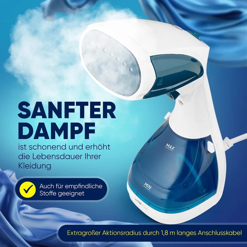 Clatronic® Dampfglätter | einsatzbereit in 10 Sekunden | Faltenentferner für Reise und Büro | 1,8m langes Kabel | Steamer | Dampfbürste | Dampf-Glätter Reise | Steamer Dampf glätter | DB 3717