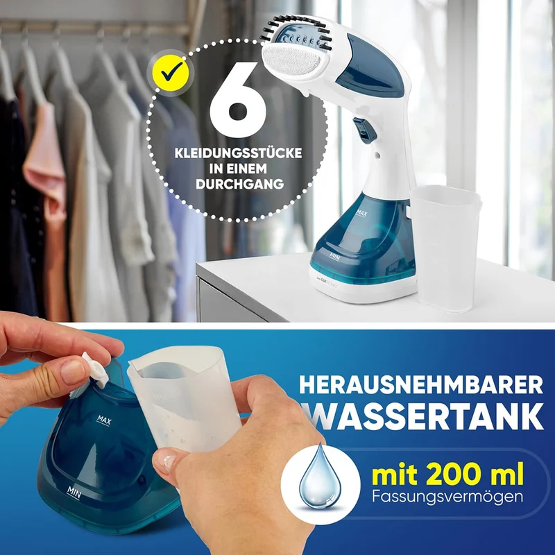 Clatronic® Dampfglätter | einsatzbereit in 10 Sekunden | Faltenentferner für Reise und Büro | 1,8m langes Kabel | Steamer | Dampfbürste | Dampf-Glätter Reise | Steamer Dampf glätter | DB 3717