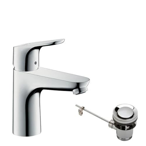 hansgrohe Focus - Waschtischarmatur mit Zugstangen-Ablauf, Wasserhahn Bad mit Auslauf Höhe 94 mm, Mischbatterie Waschbecken wassersparend (EcoSmart), Chrom, 31607000