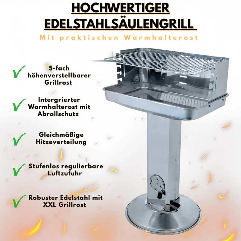 ACTIVA Edelstahl Holzkohle Säulengrill "Pisa" mit 54 x 34 cm großen verchromten, verstellbaren Grillrost, Aschekasten und Belüftung in der Säule