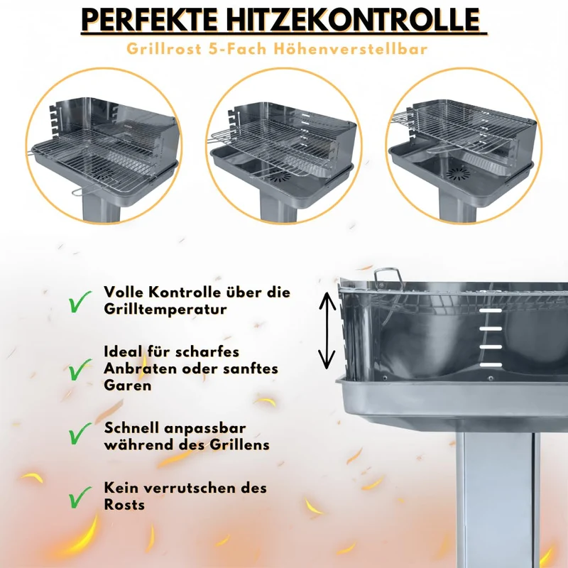 ACTIVA Edelstahl Holzkohle Säulengrill "Pisa" mit 54 x 34 cm großen verchromten, verstellbaren Grillrost, Aschekasten und Belüftung in der Säule
