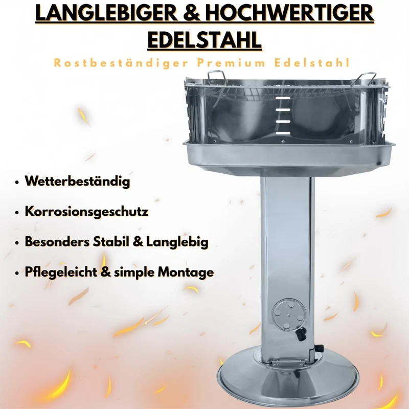 ACTIVA Edelstahl Holzkohle Säulengrill "Pisa" mit 54 x 34 cm großen verchromten, verstellbaren Grillrost, Aschekasten und Belüftung in der Säule