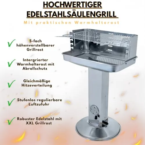 ACTIVA Edelstahl Holzkohle Säulengrill "Pisa" mit 54 x 34 cm großen verchromten, verstellbaren Grillrost, Aschekasten und Belüftung in der Säule