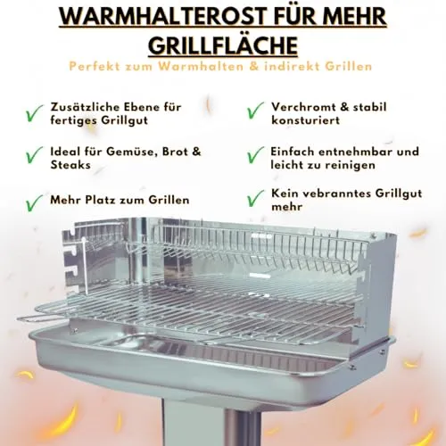 ACTIVA Edelstahl Holzkohle Säulengrill "Pisa" mit 54 x 34 cm großen verchromten, verstellbaren Grillrost, Aschekasten und Belüftung in der Säule