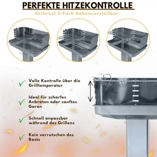 ACTIVA Edelstahl Holzkohle Säulengrill "Pisa" mit 54 x 34 cm großen verchromten, verstellbaren Grillrost, Aschekasten und Belüftung in der Säule