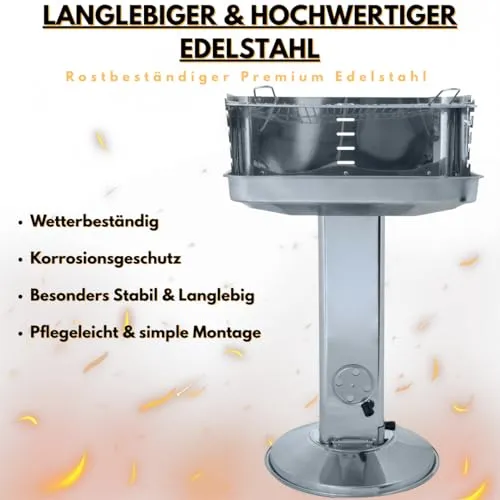 ACTIVA Edelstahl Holzkohle Säulengrill "Pisa" mit 54 x 34 cm großen verchromten, verstellbaren Grillrost, Aschekasten und Belüftung in der Säule