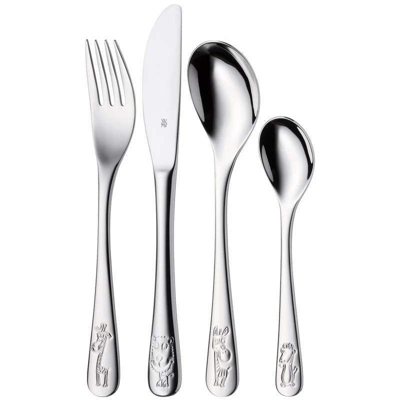 WMF Safari Kinderbesteck Set 4-teilig, Besteck Kinder Edelstahl, Kinderbesteck ab 3 Jahre, Cromargan poliert, spülmaschinengeeignet, Kids Safari, Ohne Gravur