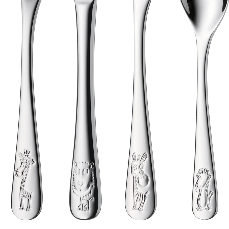 WMF Safari Kinderbesteck Set 4-teilig, Besteck Kinder Edelstahl, Kinderbesteck ab 3 Jahre, Cromargan poliert, spülmaschinengeeignet, Kids Safari, Ohne Gravur