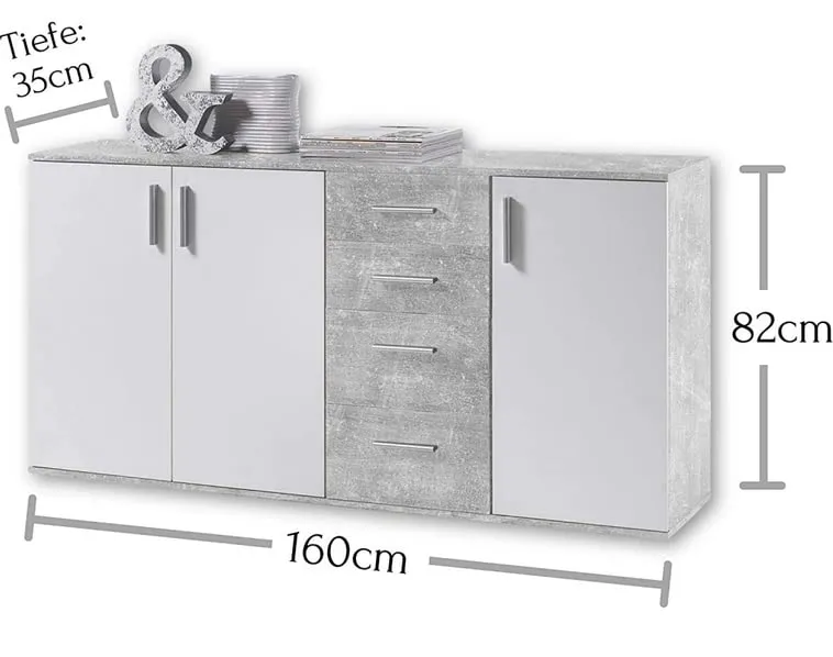 Avanti Trendstore - Bea - Kommode mit Schubladen, aus laminiertem Holz, Farbe Beton und Weiß. Maßen BHT 160x82x35 cm