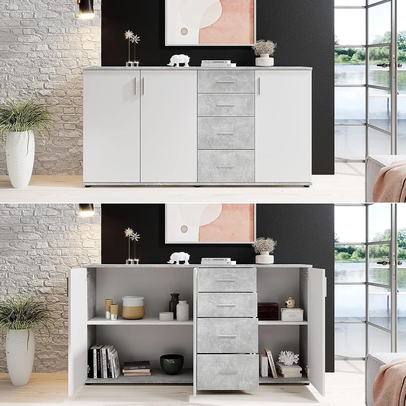 Avanti Trendstore - Bea - Kommode mit Schubladen, aus laminiertem Holz, Farbe Beton und Weiß. Maßen BHT 160x82x35 cm