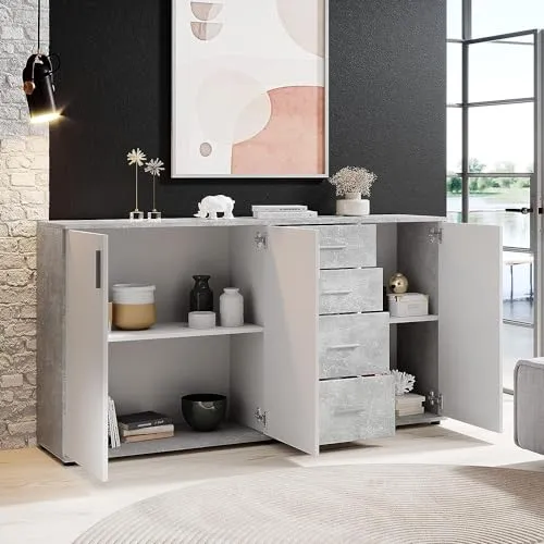 Avanti Trendstore - Bea - Kommode mit Schubladen, aus laminiertem Holz, Farbe Beton und Weiß. Maßen BHT 160x82x35 cm