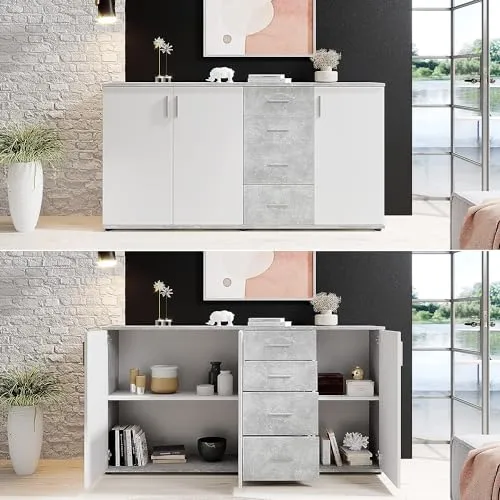 Avanti Trendstore - Bea - Kommode mit Schubladen, aus laminiertem Holz, Farbe Beton und Weiß. Maßen BHT 160x82x35 cm