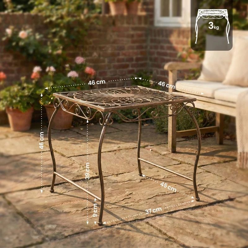 CLP Gartentisch aus Eisen Zarina, romantischer Beistelltisch im ornamentalen Jugendstil, für Garten, Terrasse und Balkon, mit Bodenschonern | Farbe Bronze
