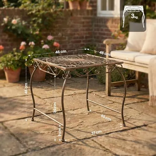 CLP Gartentisch aus Eisen Zarina, romantischer Beistelltisch im ornamentalen Jugendstil, für Garten, Terrasse und Balkon, mit Bodenschonern | Farbe Bronze