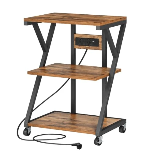 HOOBRO 3-stöckiger Druckerständer mit Ladestation, mobiler Druckertisch, Druckerwagen, vertikales Regal für Wohnzimmer, Küche, Homeoffice, Vintagebraun und Schwarz EBF33CPS01