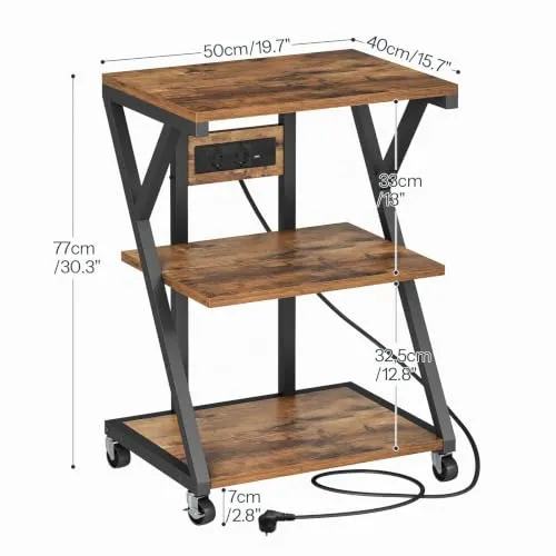 HOOBRO 3-stöckiger Druckerständer mit Ladestation, mobiler Druckertisch, Druckerwagen, vertikales Regal für Wohnzimmer, Küche, Homeoffice, Vintagebraun und Schwarz EBF33CPS01