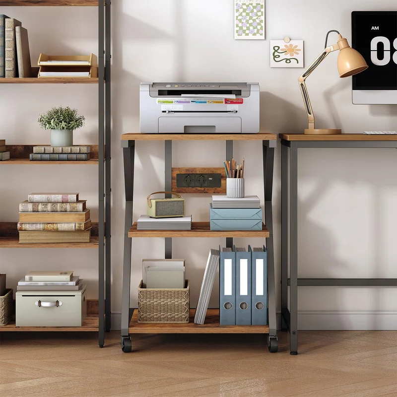 HOOBRO 3-stöckiger Druckerständer mit Ladestation, mobiler Druckertisch, Druckerwagen, vertikales Regal für Wohnzimmer, Küche, Homeoffice, Vintagebraun und Schwarz EBF33CPS01