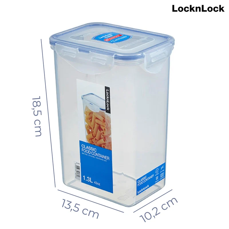 LocknLock CLASSIC Frischhaltedose, 1,3 L, 13,5 x 10,2 x 18,5 cm, Vorratsdose, Spülmaschinen-, und Mikrowellengeeignet, 4-fach Sicherheits-Verschluss