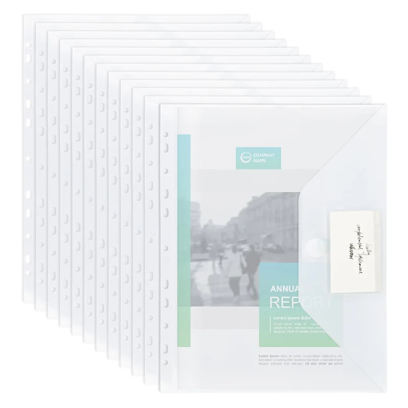 MOWETOO 22 Stück Dokumentenmappe A4 zum Abheften, Transparent A4 Dokumententasche mit Lochrand Klettverschluss und Etikettentasche, Wasserdicht Sammelmappen für Dokumente Organisieren