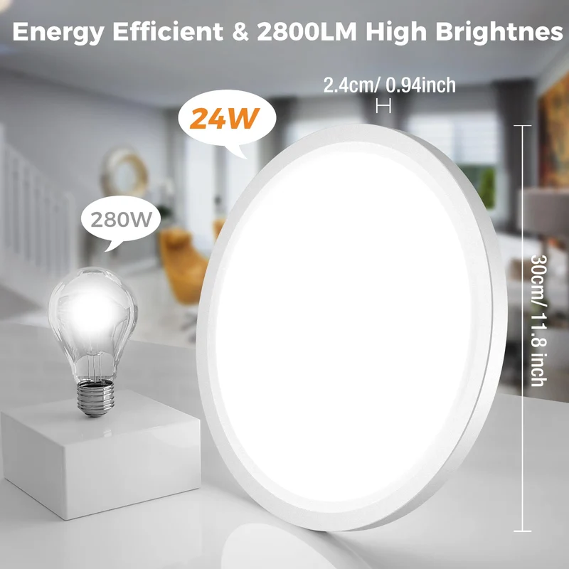slochi Deckenlampe LED Deckenleuchte Flach, Ø30CM 3Farben 24W 2800LM Weiß