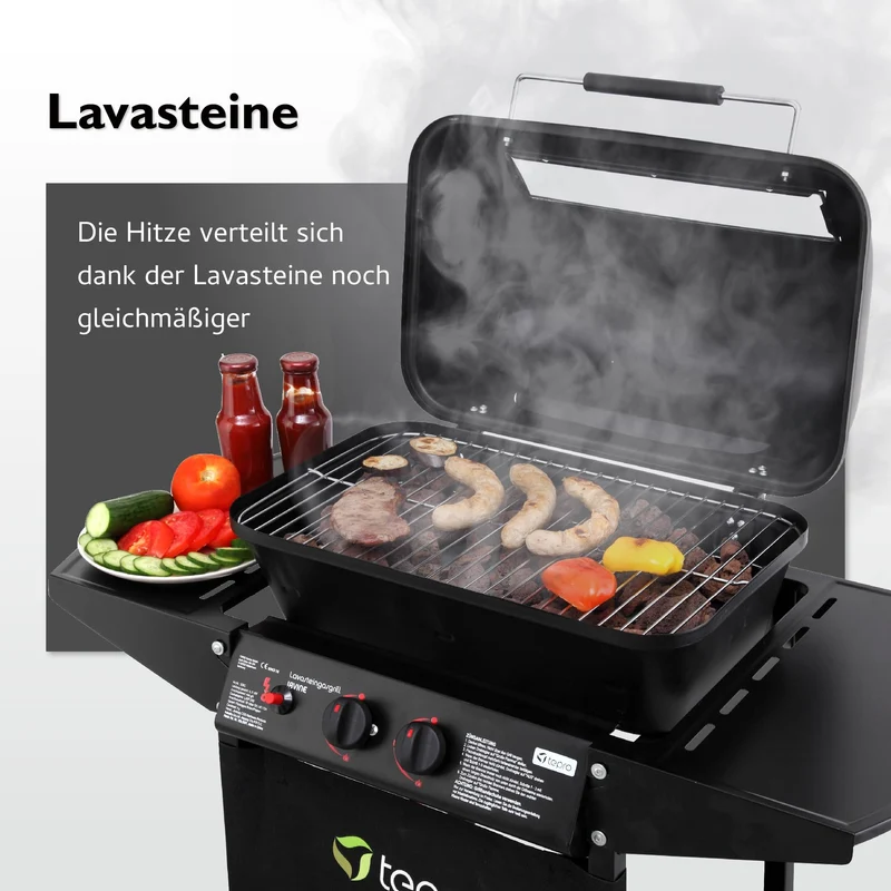tepro Lavastein Gasgrill Irvine mit max. 5,4 kW Leistung, Edelstahl-Doppelbrenner, inklusive Lavasteine, Piezozündung im Drehregler, Grillwagen mit Rädern, Maße ca. 94 x 51 x 102 cm, Schwarz