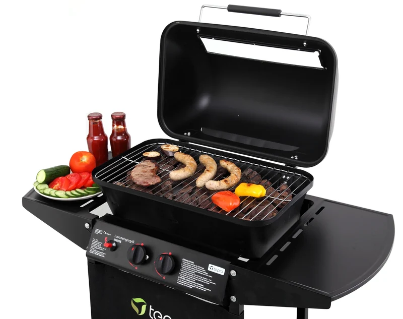 tepro Lavastein Gasgrill Irvine mit max. 5,4 kW Leistung, Edelstahl-Doppelbrenner, inklusive Lavasteine, Piezozündung im Drehregler, Grillwagen mit Rädern, Maße ca. 94 x 51 x 102 cm, Schwarz
