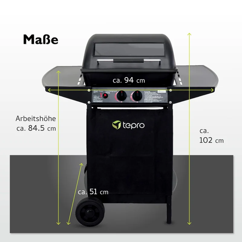 tepro Lavastein Gasgrill Irvine mit max. 5,4 kW Leistung, Edelstahl-Doppelbrenner, inklusive Lavasteine, Piezozündung im Drehregler, Grillwagen mit Rädern, Maße ca. 94 x 51 x 102 cm, Schwarz