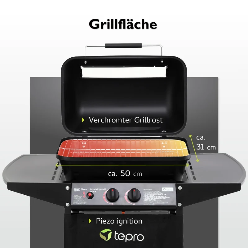 tepro Lavastein Gasgrill Irvine mit max. 5,4 kW Leistung, Edelstahl-Doppelbrenner, inklusive Lavasteine, Piezozündung im Drehregler, Grillwagen mit Rädern, Maße ca. 94 x 51 x 102 cm, Schwarz