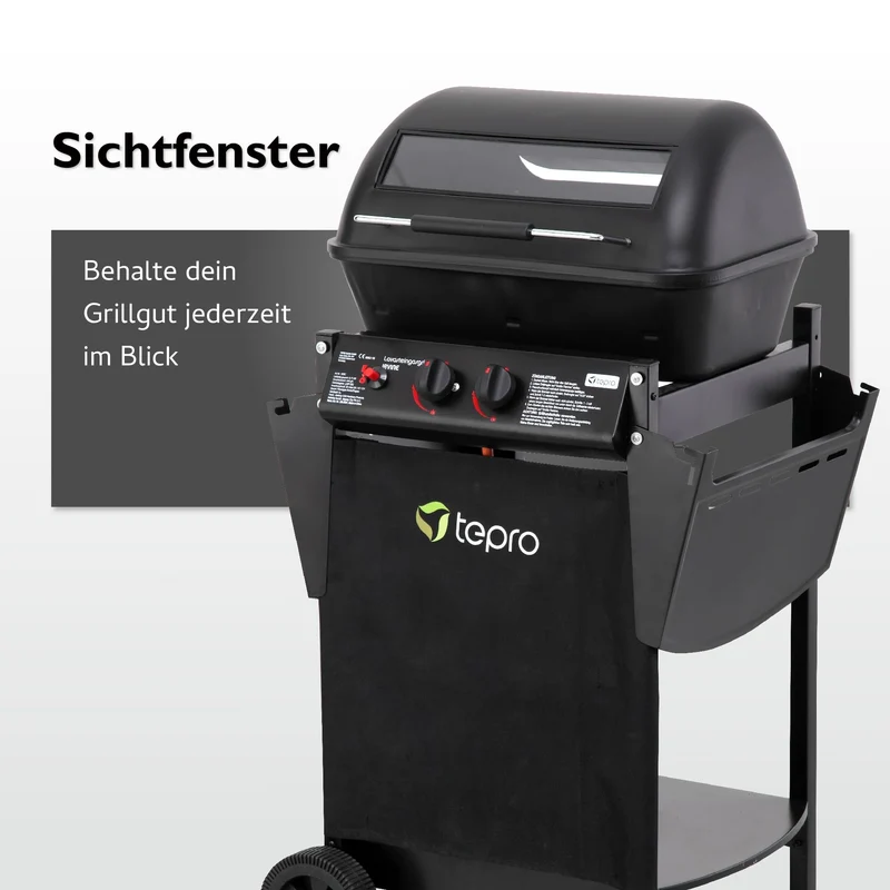 tepro Lavastein Gasgrill Irvine mit max. 5,4 kW Leistung, Edelstahl-Doppelbrenner, inklusive Lavasteine, Piezozündung im Drehregler, Grillwagen mit Rädern, Maße ca. 94 x 51 x 102 cm, Schwarz