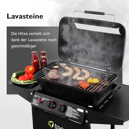 tepro Lavastein Gasgrill Irvine mit max. 5,4 kW Leistung, Edelstahl-Doppelbrenner, inklusive Lavasteine, Piezozündung im Drehregler, Grillwagen mit Rädern, Maße ca. 94 x 51 x 102 cm, Schwarz