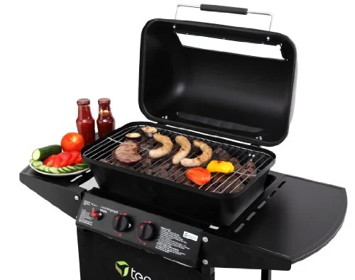 tepro Lavastein Gasgrill Irvine mit max. 5,4 kW Leistung, Edelstahl-Doppelbrenner, inklusive Lavasteine, Piezozündung im Drehregler, Grillwagen mit Rädern, Maße ca. 94 x 51 x 102 cm, Schwarz