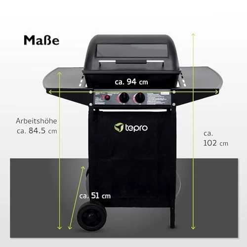 tepro Lavastein Gasgrill Irvine mit max. 5,4 kW Leistung, Edelstahl-Doppelbrenner, inklusive Lavasteine, Piezozündung im Drehregler, Grillwagen mit Rädern, Maße ca. 94 x 51 x 102 cm, Schwarz