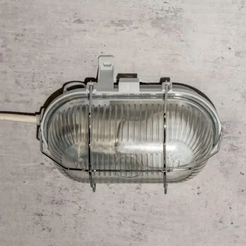 UNITEC Ovalleuchte mit Metallkorb, geeignet für Keller, Garage, Garten und mehr, Schutzart IP44, 60 W, grau