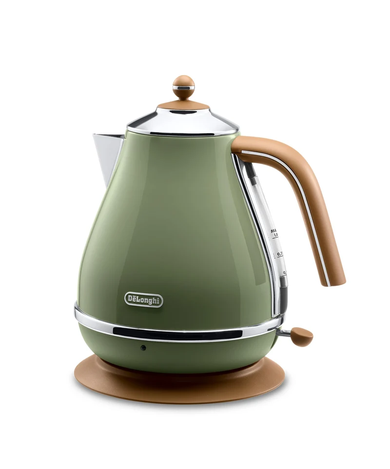 De'Longhi Wasserkocher Icona Vintage KBOV2001.GR - 1,7 l mit Wasserstandsanzeige und 360° Basis,Edelstahl in elegantem Retro Look mit Chrom-Details,‎2000 W,‎ ‎23.01 x 23.01 x 26.49 cm,Olive