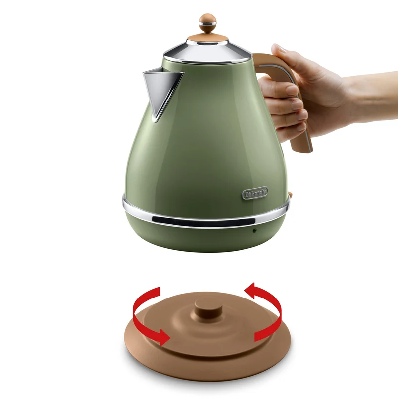 De'Longhi Wasserkocher Icona Vintage KBOV2001.GR - 1,7 l mit Wasserstandsanzeige und 360° Basis,Edelstahl in elegantem Retro Look mit Chrom-Details,‎2000 W,‎ ‎23.01 x 23.01 x 26.49 cm,Olive