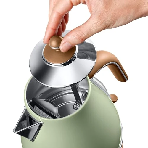 De'Longhi Wasserkocher Icona Vintage KBOV2001.GR - 1,7 l mit Wasserstandsanzeige und 360° Basis,Edelstahl in elegantem Retro Look mit Chrom-Details,‎2000 W,‎ ‎23.01 x 23.01 x 26.49 cm,Olive