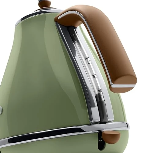 De'Longhi Wasserkocher Icona Vintage KBOV2001.GR - 1,7 l mit Wasserstandsanzeige und 360° Basis,Edelstahl in elegantem Retro Look mit Chrom-Details,‎2000 W,‎ ‎23.01 x 23.01 x 26.49 cm,Olive
