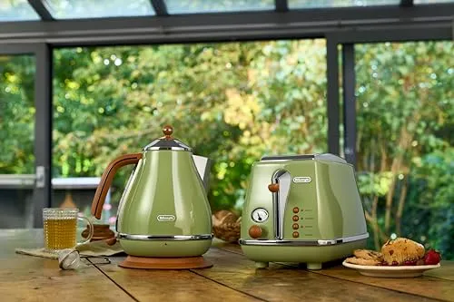 De'Longhi Wasserkocher Icona Vintage KBOV2001.GR - 1,7 l mit Wasserstandsanzeige und 360° Basis,Edelstahl in elegantem Retro Look mit Chrom-Details,‎2000 W,‎ ‎23.01 x 23.01 x 26.49 cm,Olive