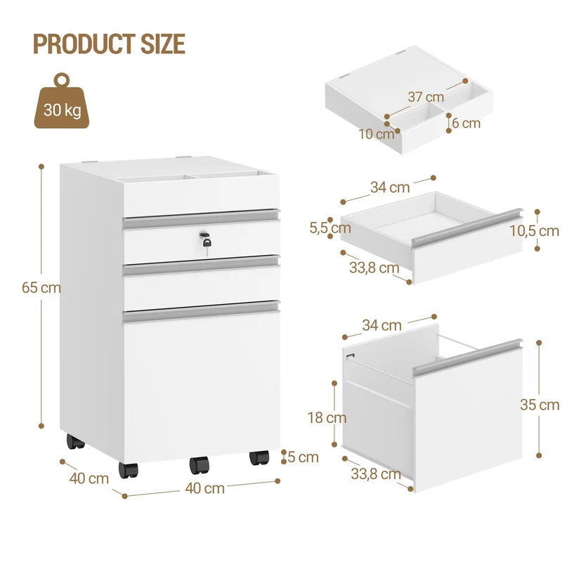 Hzuaneri Rollcontainer 40 x 40 x 70 cm 3 Schubladen abschließbar weiß