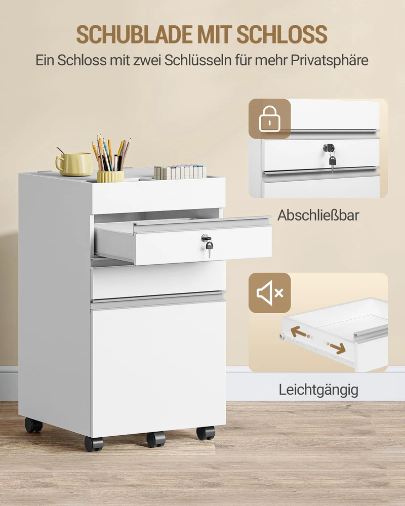 Hzuaneri Rollcontainer 40 x 40 x 70 cm 3 Schubladen abschließbar weiß